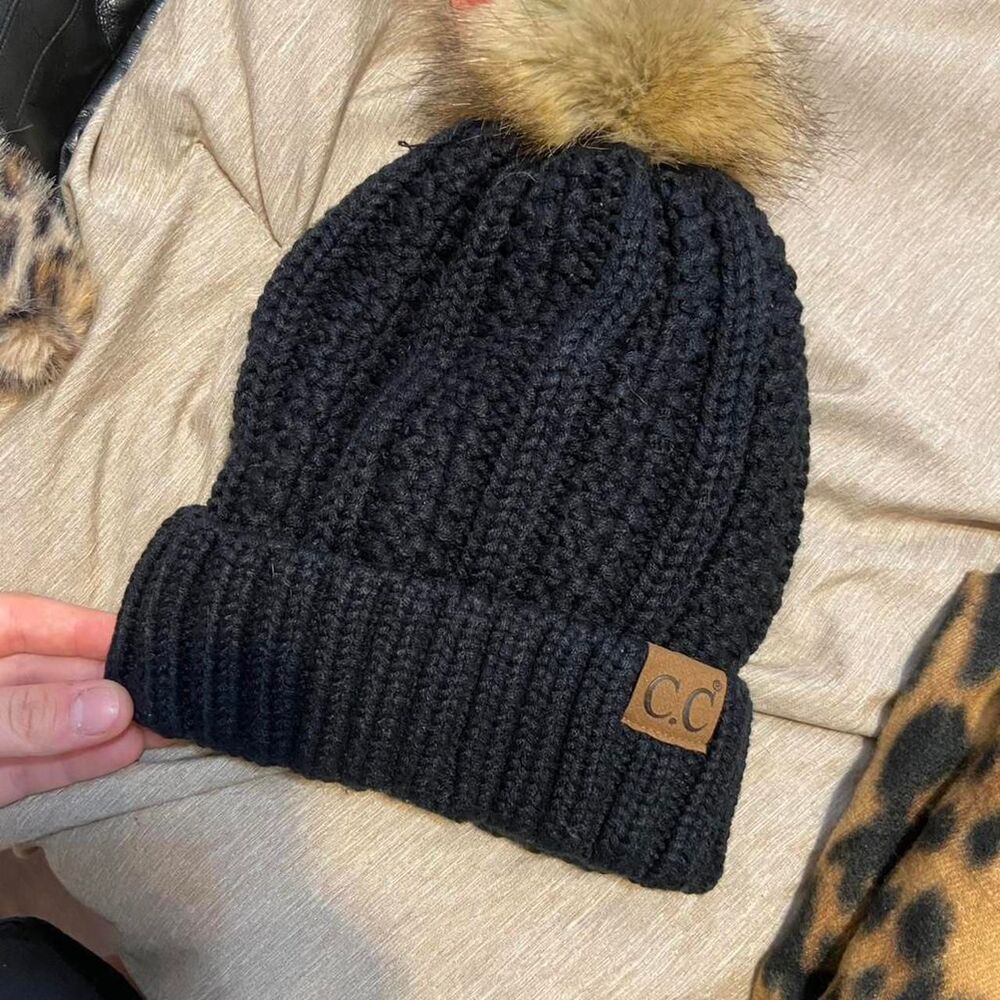 C.C beanie with fur pom pom